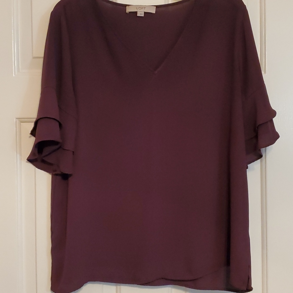 LOFT Plum V-Neck Ruffle Sleeve Blouse